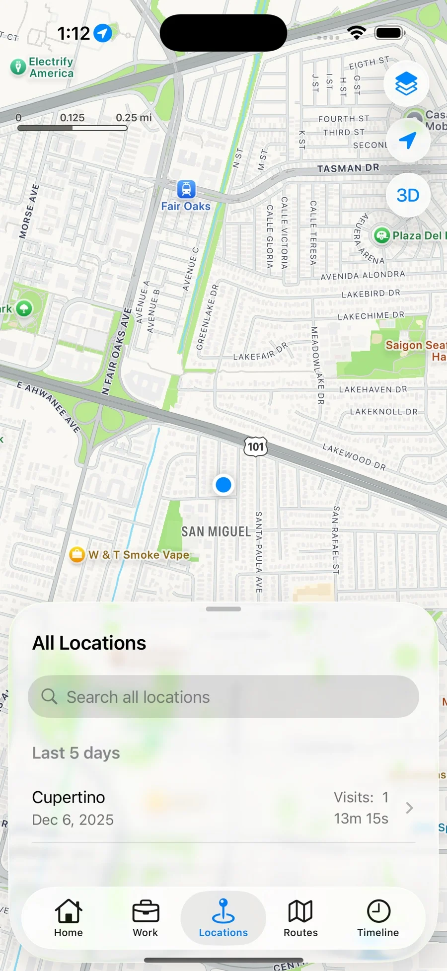Significant Locations map with a searchable list of visited places