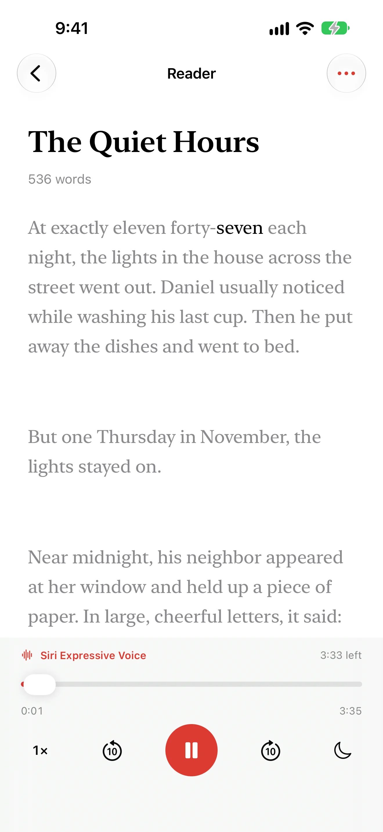Natural Voice Reader reading The Quiet Hours with Siri Expressive Voice and playback controls
