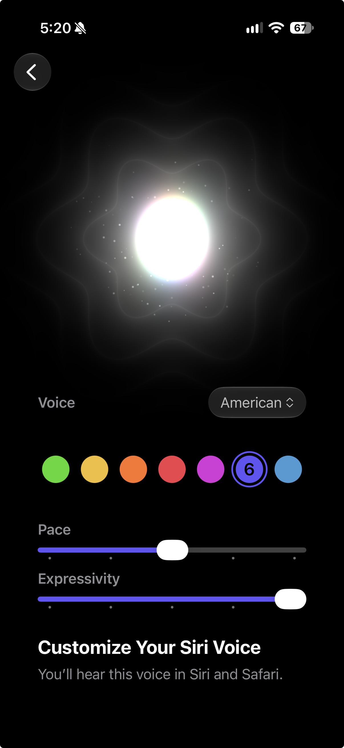 Apple’s expressive Siri voice settings with a glowing orb and voice controls