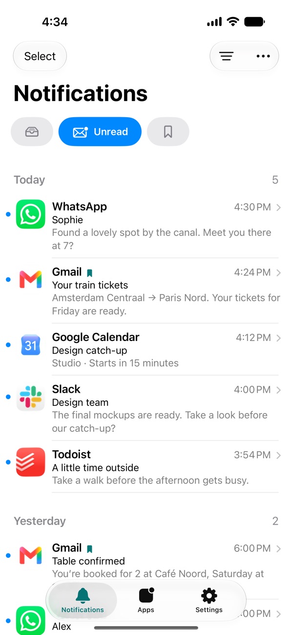 Notification History Archive showing saved alerts from WhatsApp, Gmail, Google Calendar, Slack, and Todoist