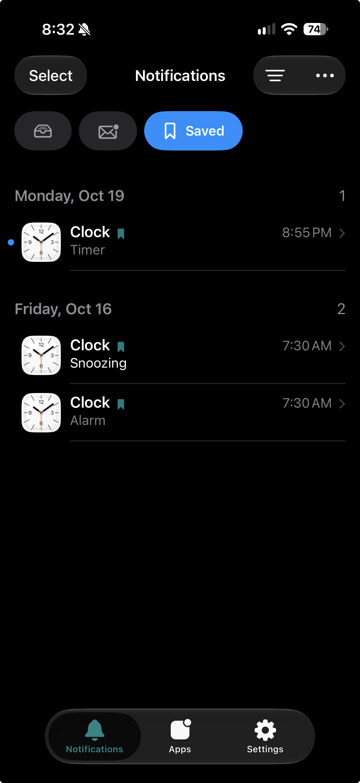 Saved Clock notifications labeled Timer, Snoozing, and Alarm, grouped by date in Notification History Archive