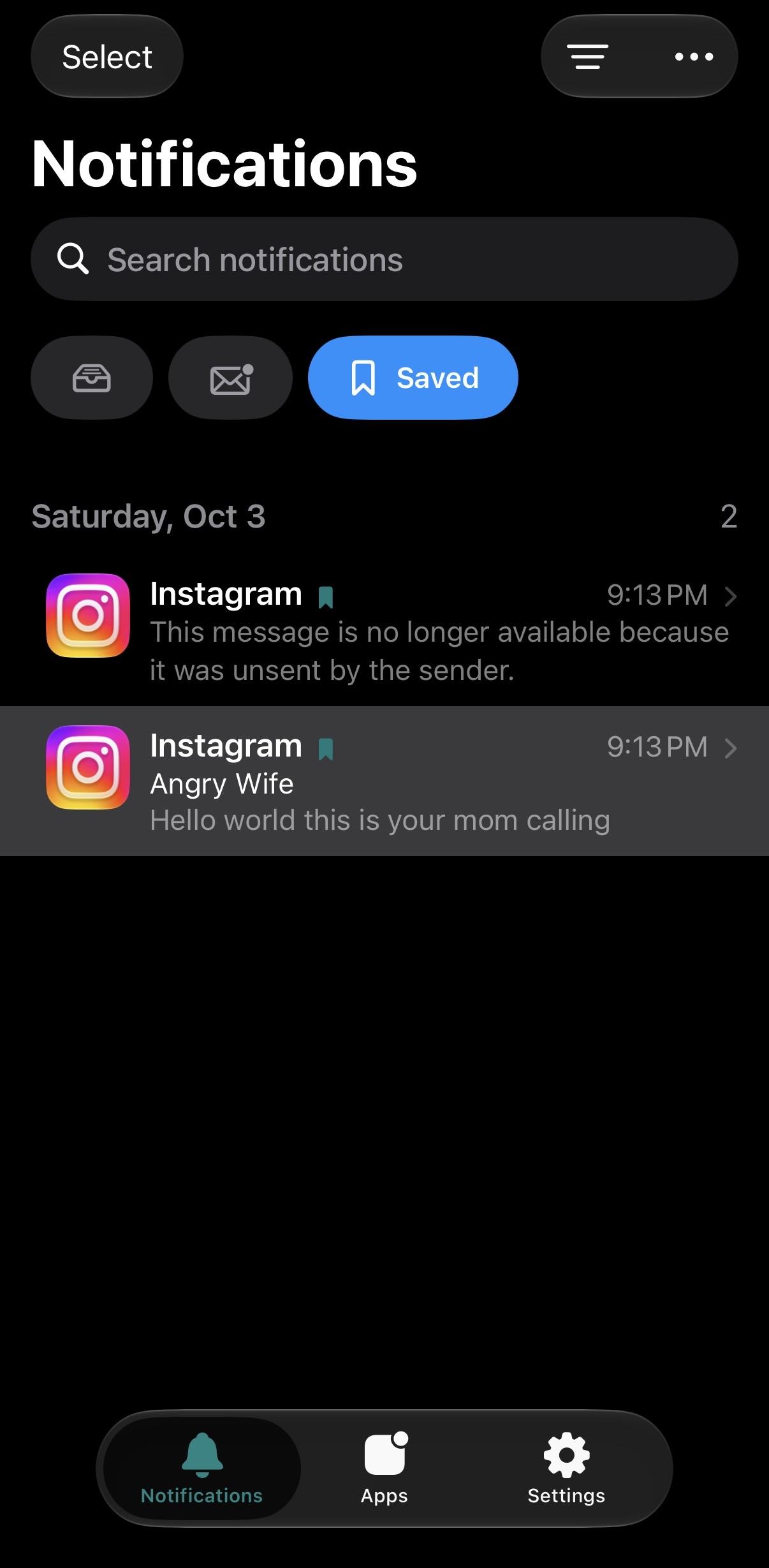 Instagram archive showing both the original message preview and a later notice that the message was unsent