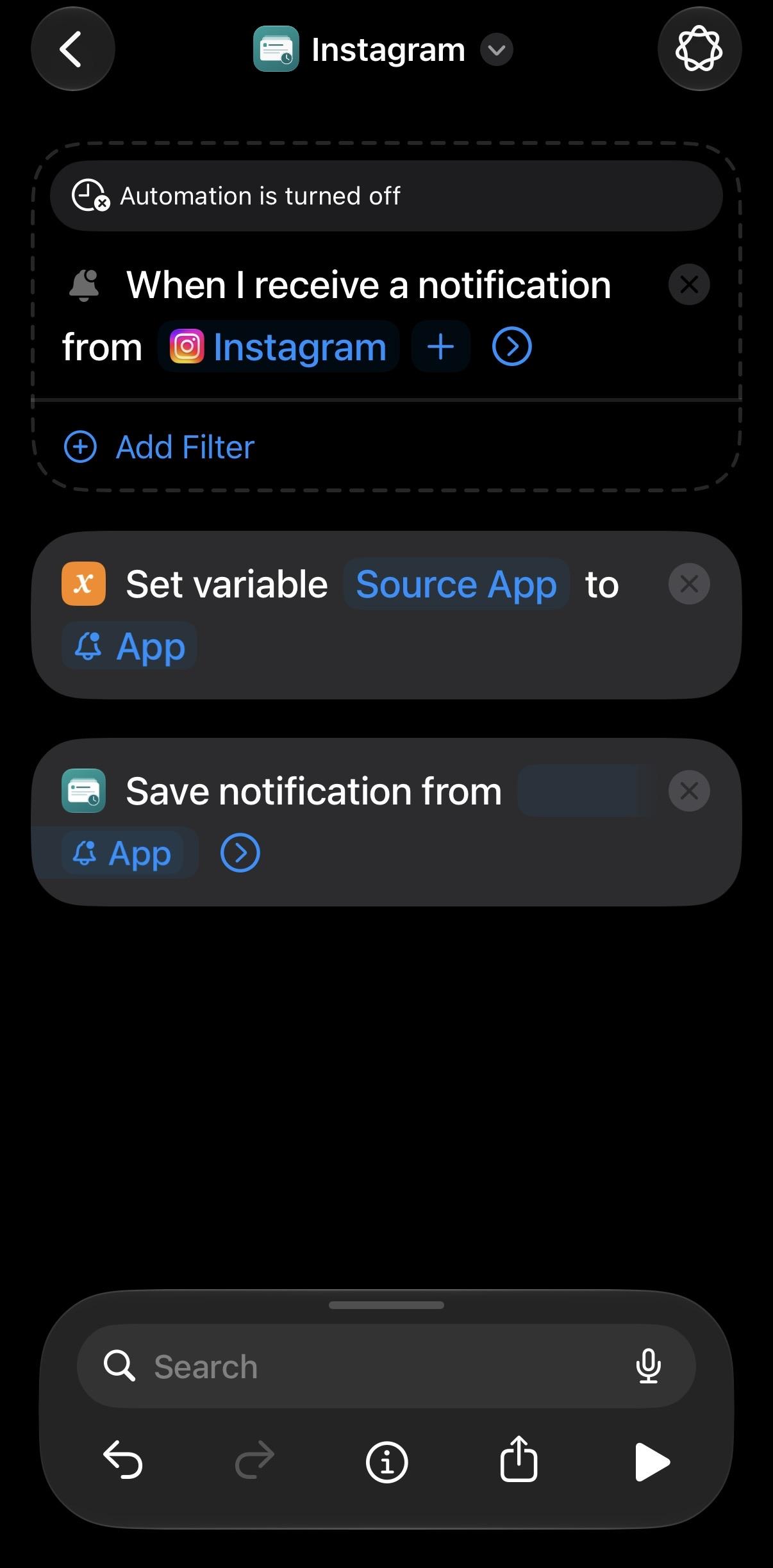 Instagram Shortcuts example with the Automation is turned off banner above the notification trigger