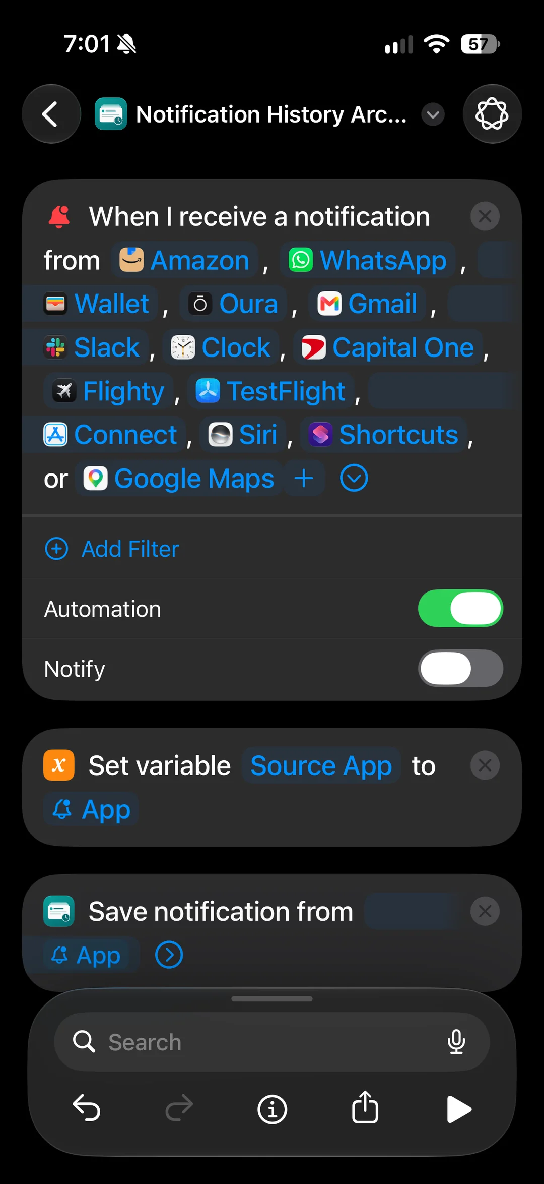 Shortcuts notification automation with selected apps, Automation enabled, and the Save Notification action
