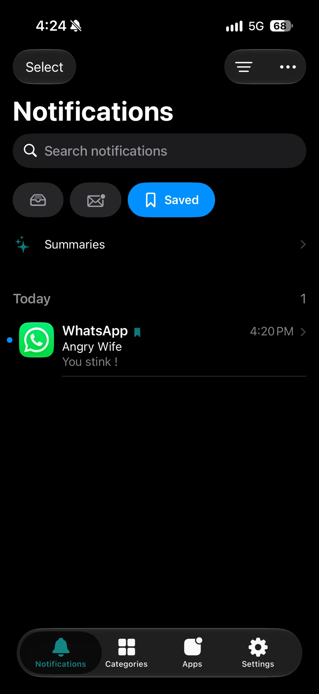 Saved WhatsApp notification showing the original message preview in Notification History Archive