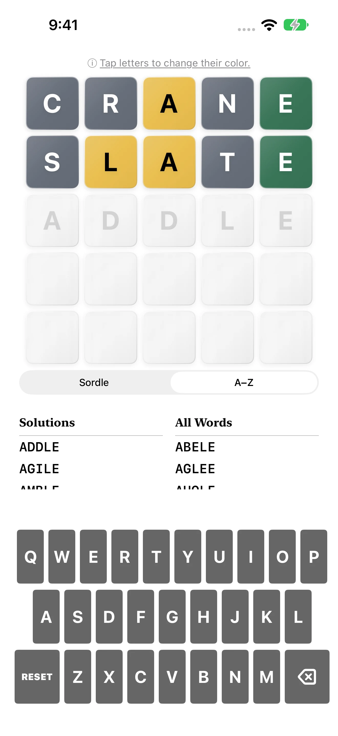 Sordle showing entered guesses, colored letter feedback, and free alphabetical word suggestions
