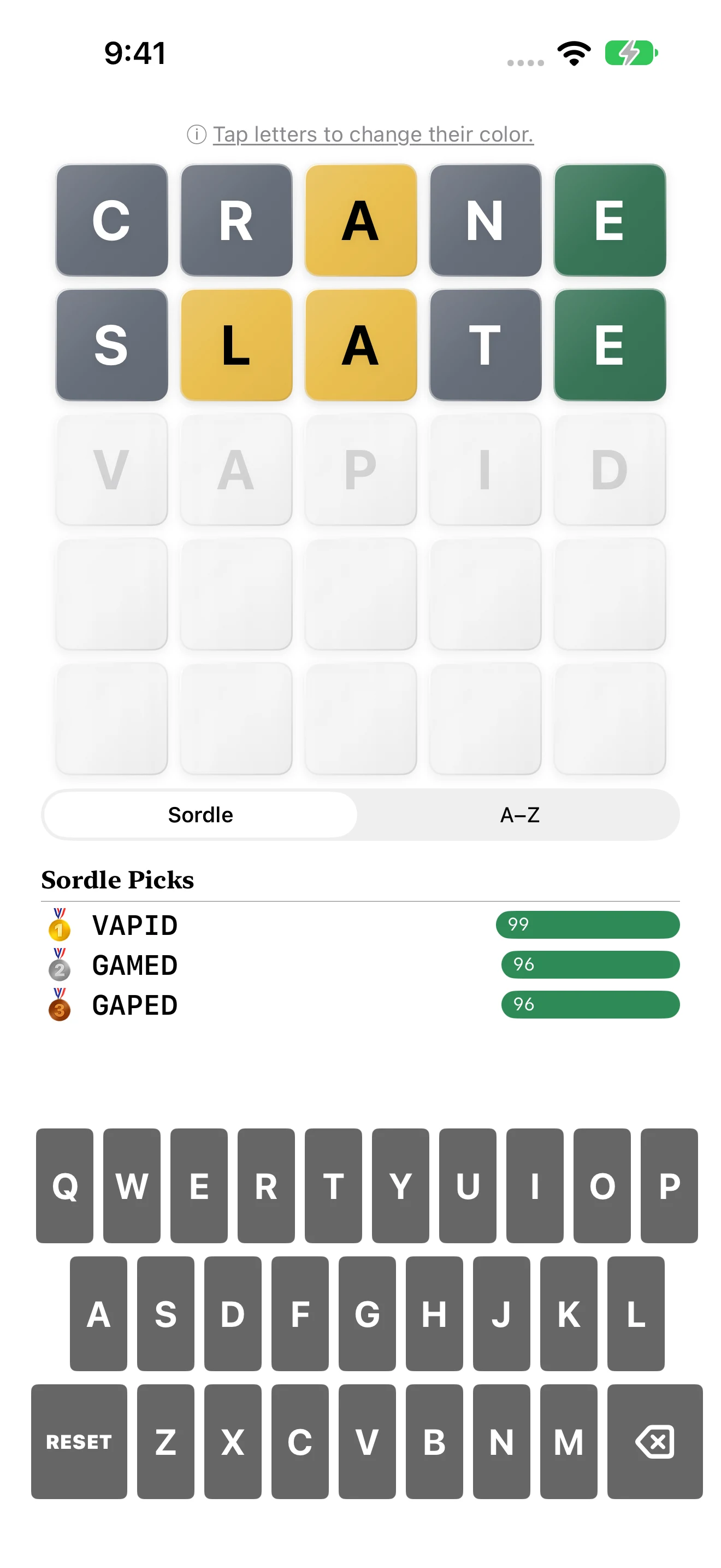 Sordle displaying letter feedback and ranked next guesses available with a subscription