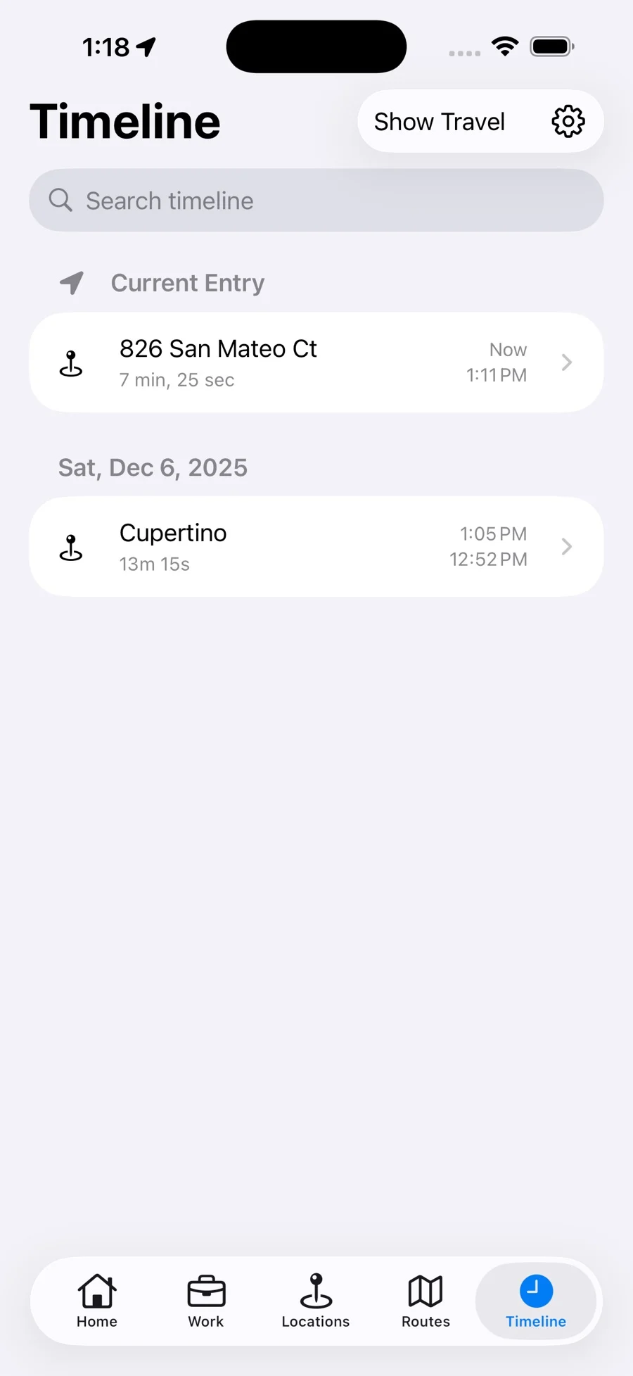 Timeline showing a current location and a past visit with arrival and departure times
