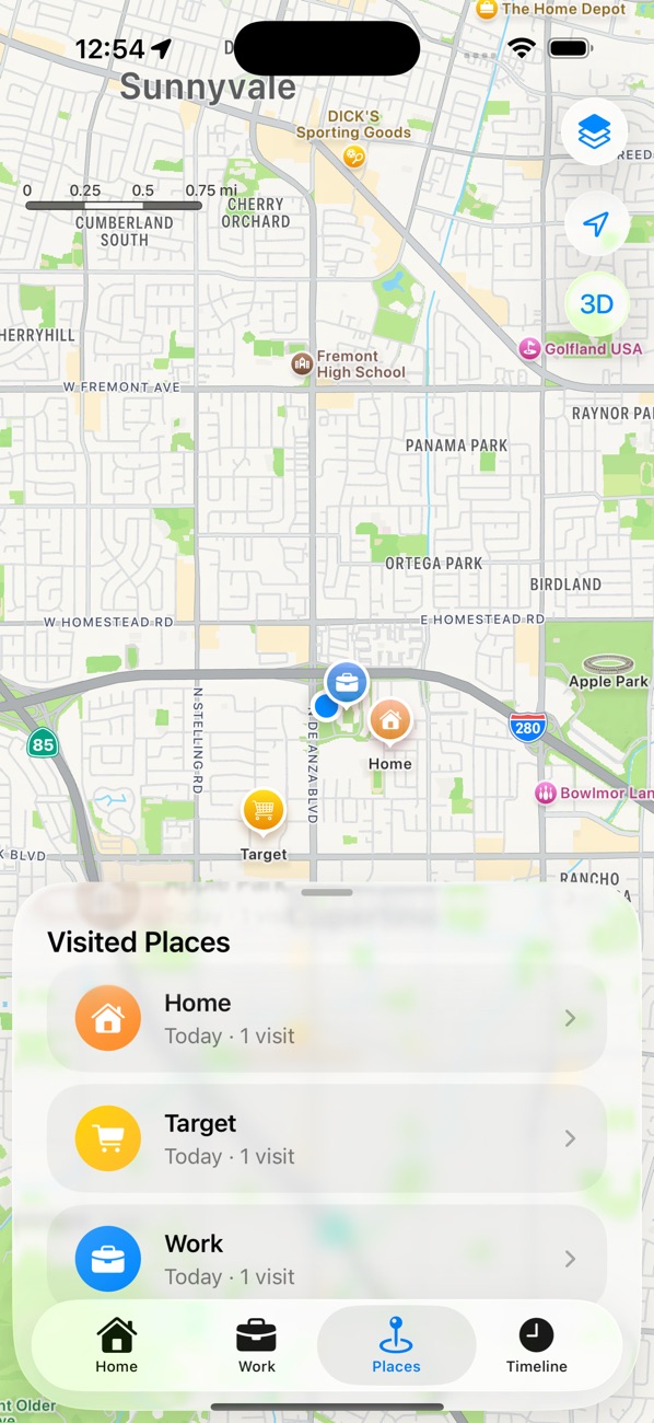 Visited Places map with Home, Target, and Work markers and a list of recorded places